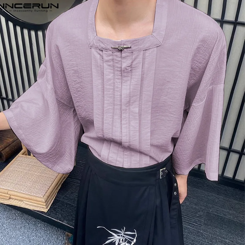 

INCERUN Tops 2024 Korean Style Stylish Men Drape Pleated Cropped Sleeves Blouse Casual Streetwear Loose Square Neck Shirts S-5XL