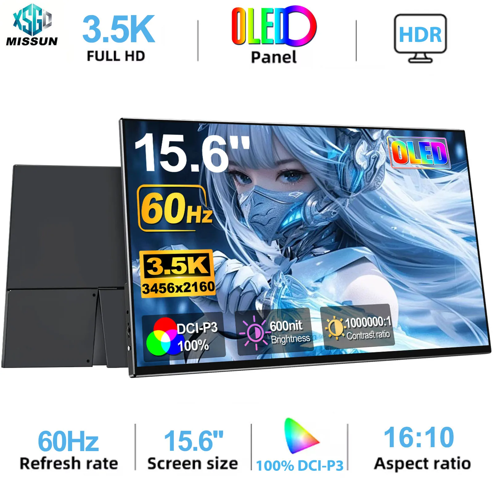 15.6'' OLED Portable Monitor 3456x2160p 3.5K Metal Frame + Stand 100% DCI-P3 Office Travel Display Extender for Laptop Mac Gamer
