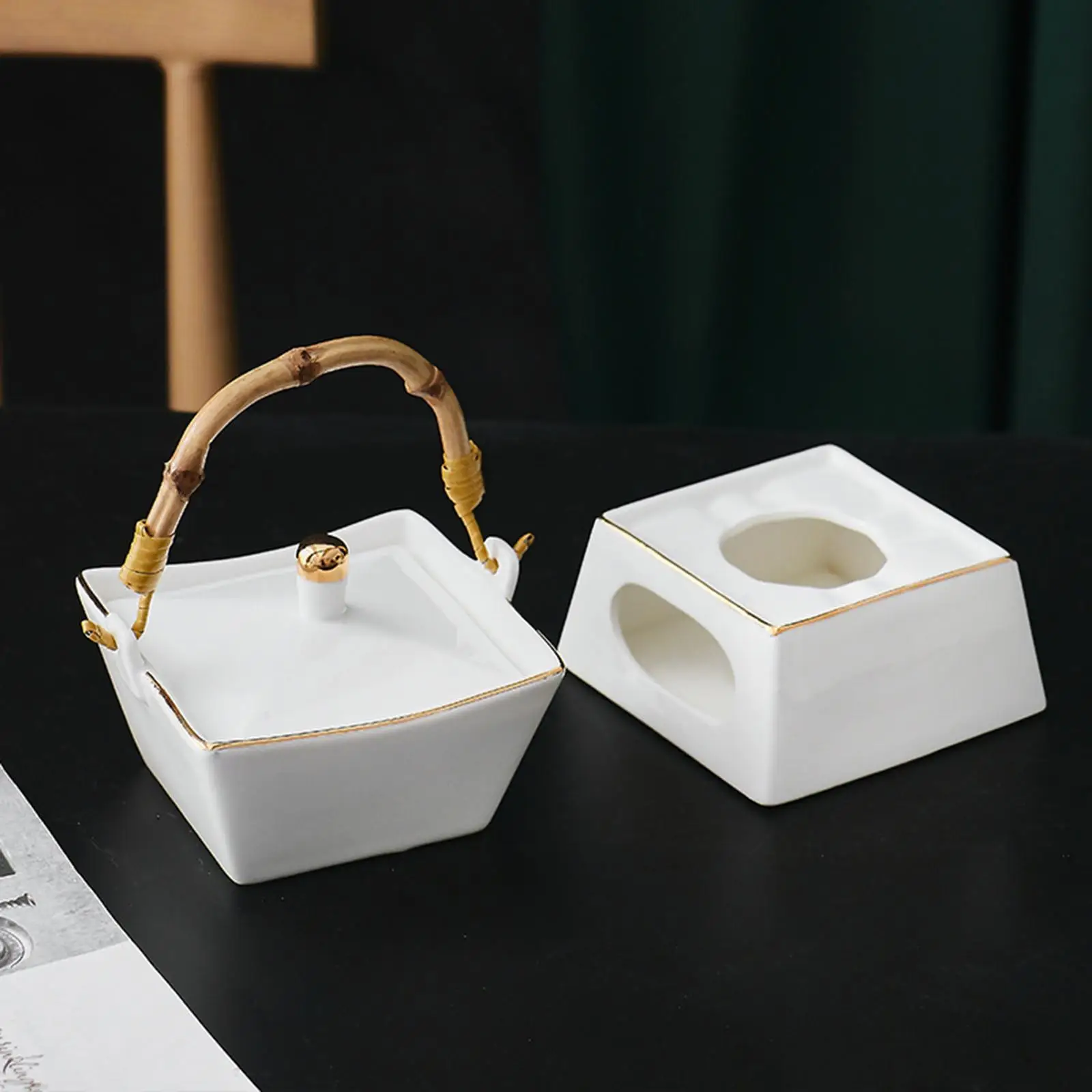 Tea Light Porcelain Melting Pot and Cover Chocolate Melter Ceramic Butter Warmer Set for Broth Wedding Cooking Caramel Dessert