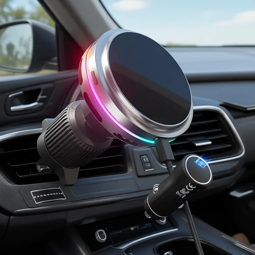 

Беспроводное магнитное автомобильное зарядное устройство Qi2 25 Вт с охлаждающим вентилятором, подсветкой, адаптером 45 Вт и креплением на вентиляционную решетку с поворотом на 360°