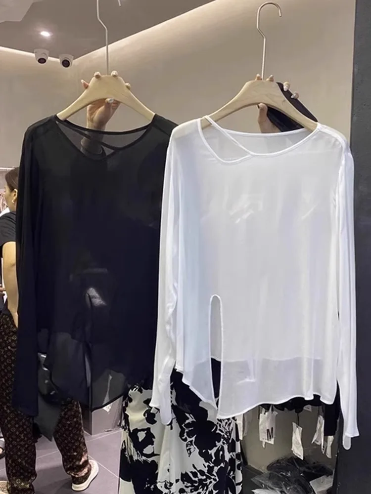Top di protezione solare in seta di ghiaccio Casual lungo Sve rotondo Ne Design asimmetrico Faionable Anti-Uv irt Maglieria da donna