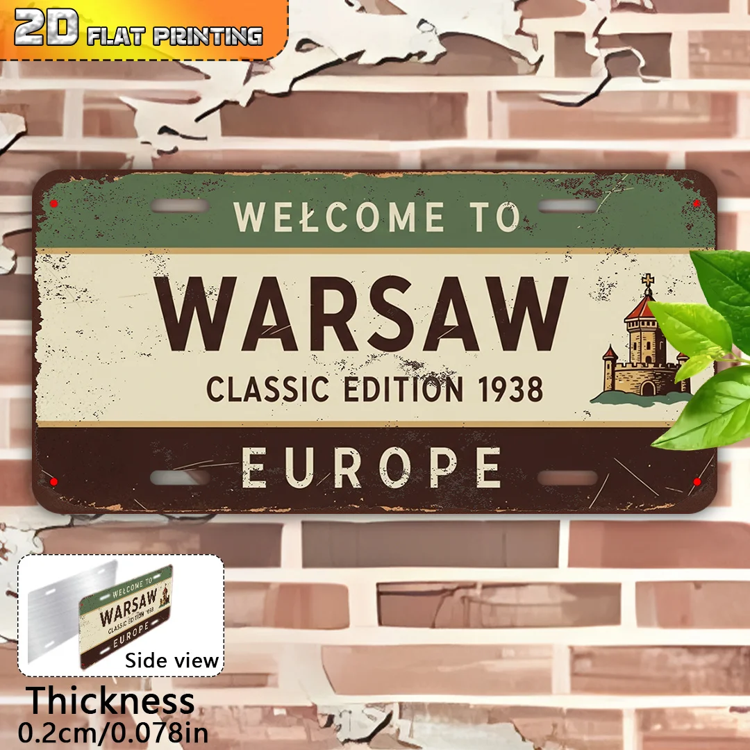 

2D Flat, Warsaw Poland Retro Metal Sign - Bilingual English/Polish Text (Warszawa) - Vintage European Wall Plaque for /Outdoor D