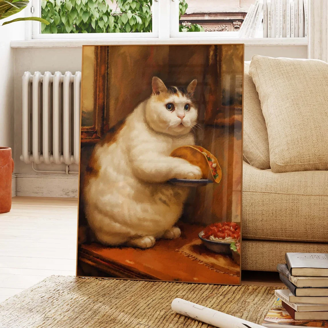 Dicke Katze mit Tacos, Vintage-Gemälde, veränderte Kunst, lustiges Katzenposter, Körperpositives Poster, Katzenliebhaber-Geschenk, Alter-Kunst, eklektische Wandkunst