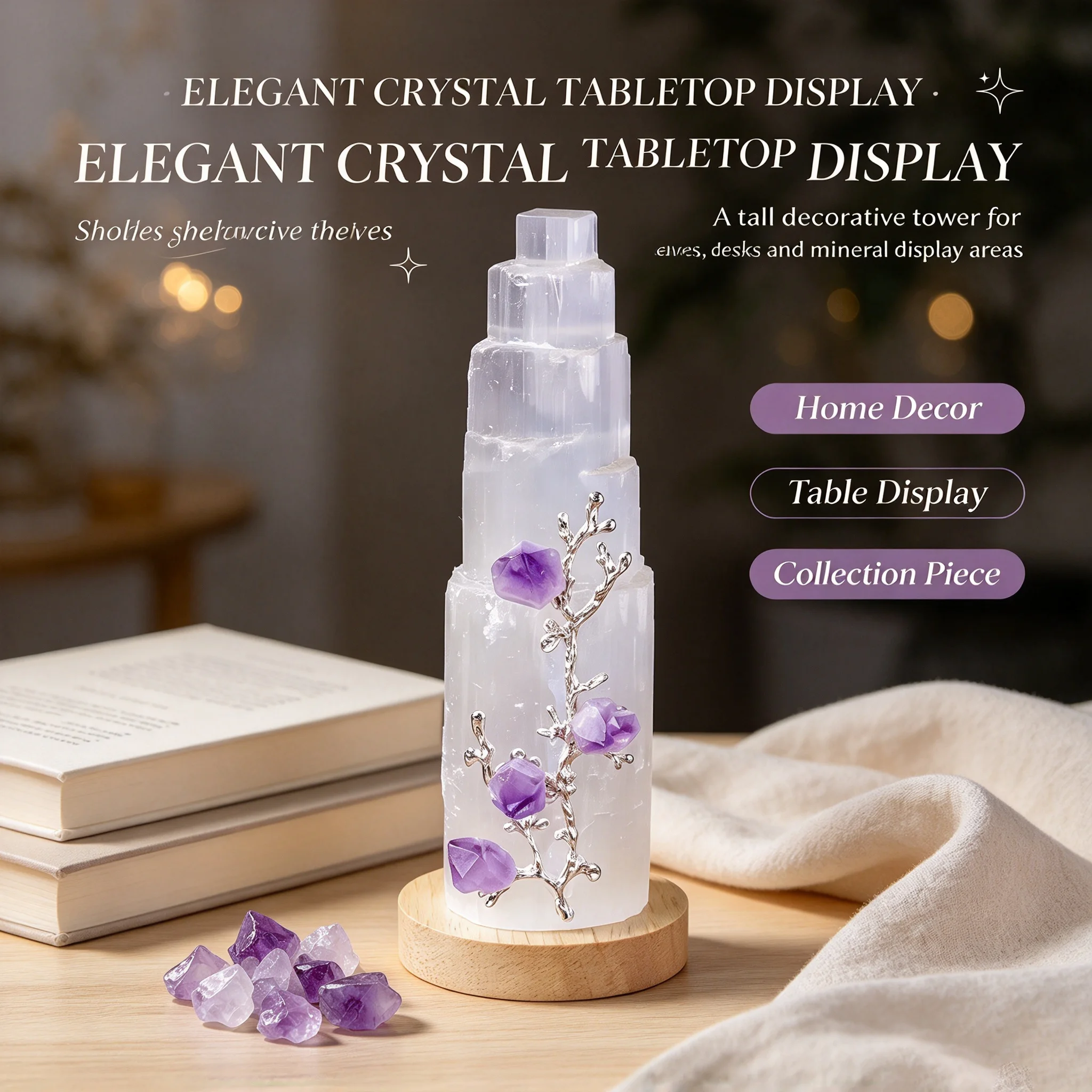 1PC Natural White Selenite Tower Lamp with Amethyst Tooth Flower, Gypsum Iceberg Carved Crystal Light, Healing Mineral Specimen