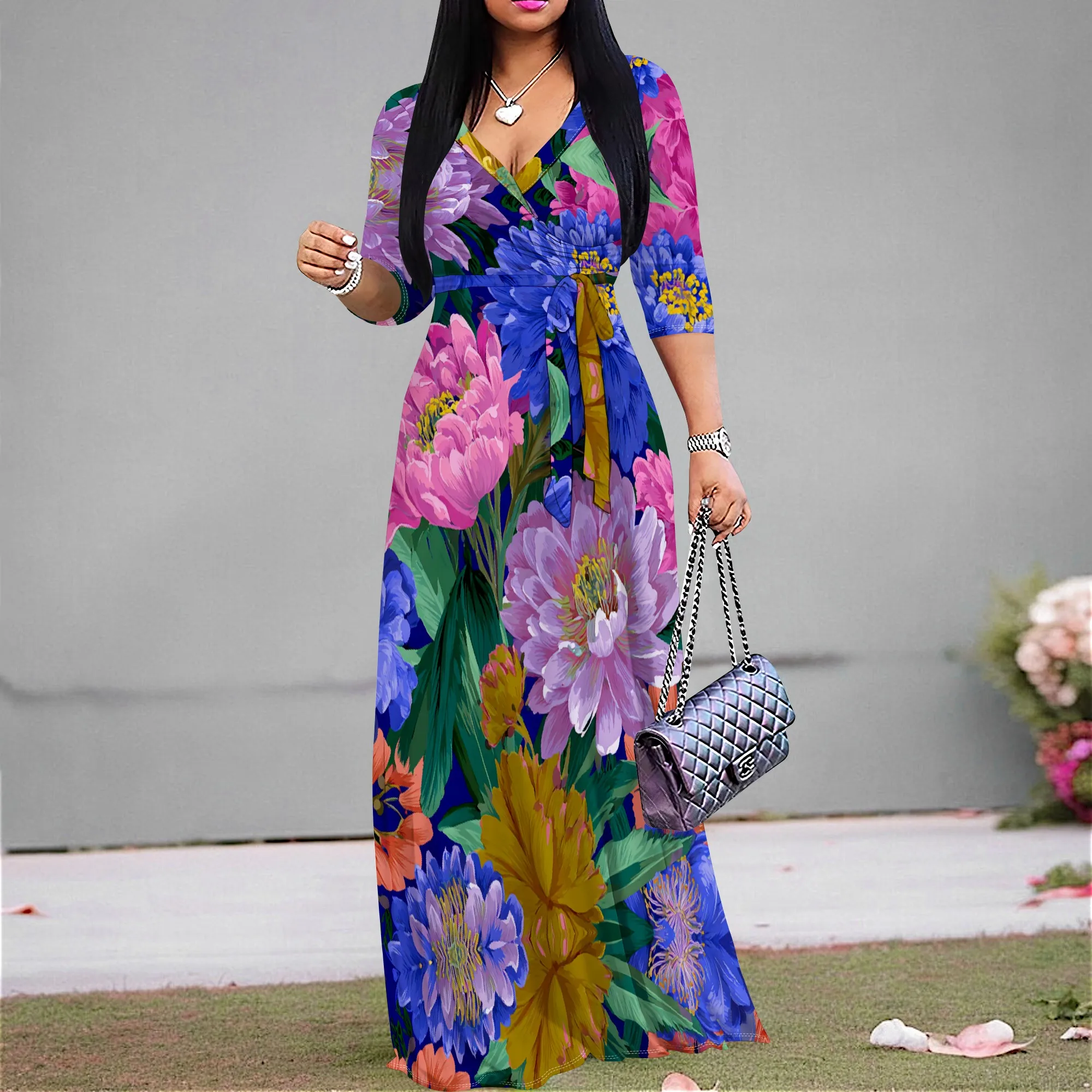 

Women's V-Neck Wrap Maxi Dress 3/4 Sleeve Floral Print Party Wedding Guest Dress Plus Size XS-3XL