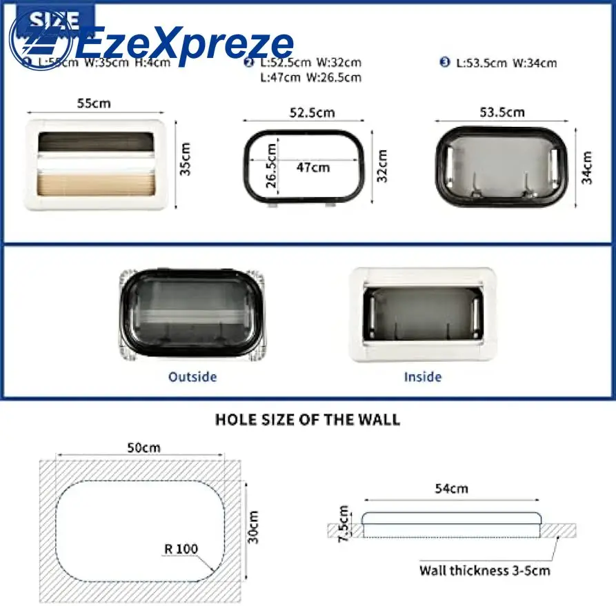 RV Window Aluminum Alloy Rounded Acrylic Insulating Glass, Double-Layer Push Out Window with Curtain