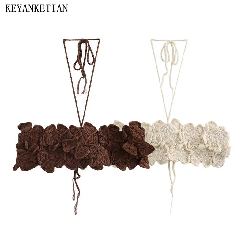 KEYANKETIAN 2024 New Women Hand-Crocheted Floral Decoration Knit Halter Crop Top Vest Bohemian Halter Bandage Backless Camisole