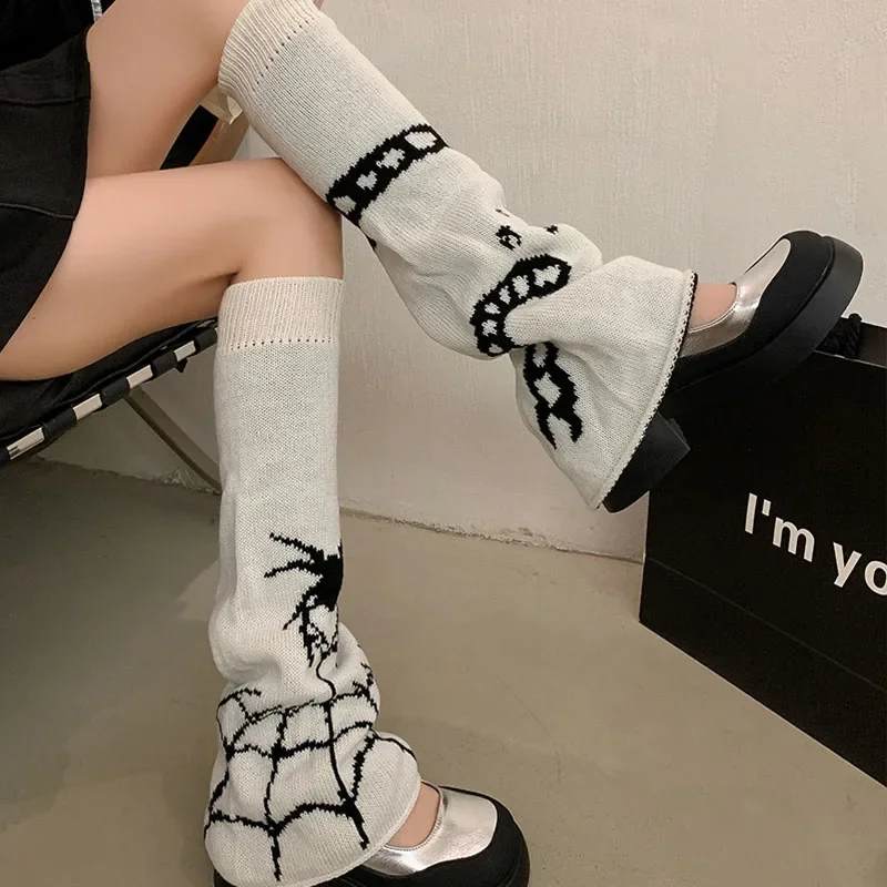 Halloween Spider Web scaldamuscoli Knit Dark Gothic Skull Women Warm Leg Socks Punk Harajuku Calf calze Jk Y2k accessori