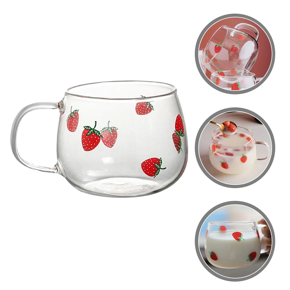

Strawberry Pattern Glass Milk Cup Large Clear Coffee Mug for Home Cafe Office Coffee Glassware Milk Cup