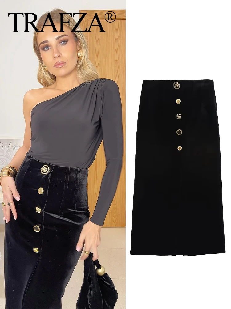 

TRAFZA Autumn Skirts Woman Trendy Black High Waist Buttons Single Breasted Decorate Slit Zipper Female High Street Long Skirt