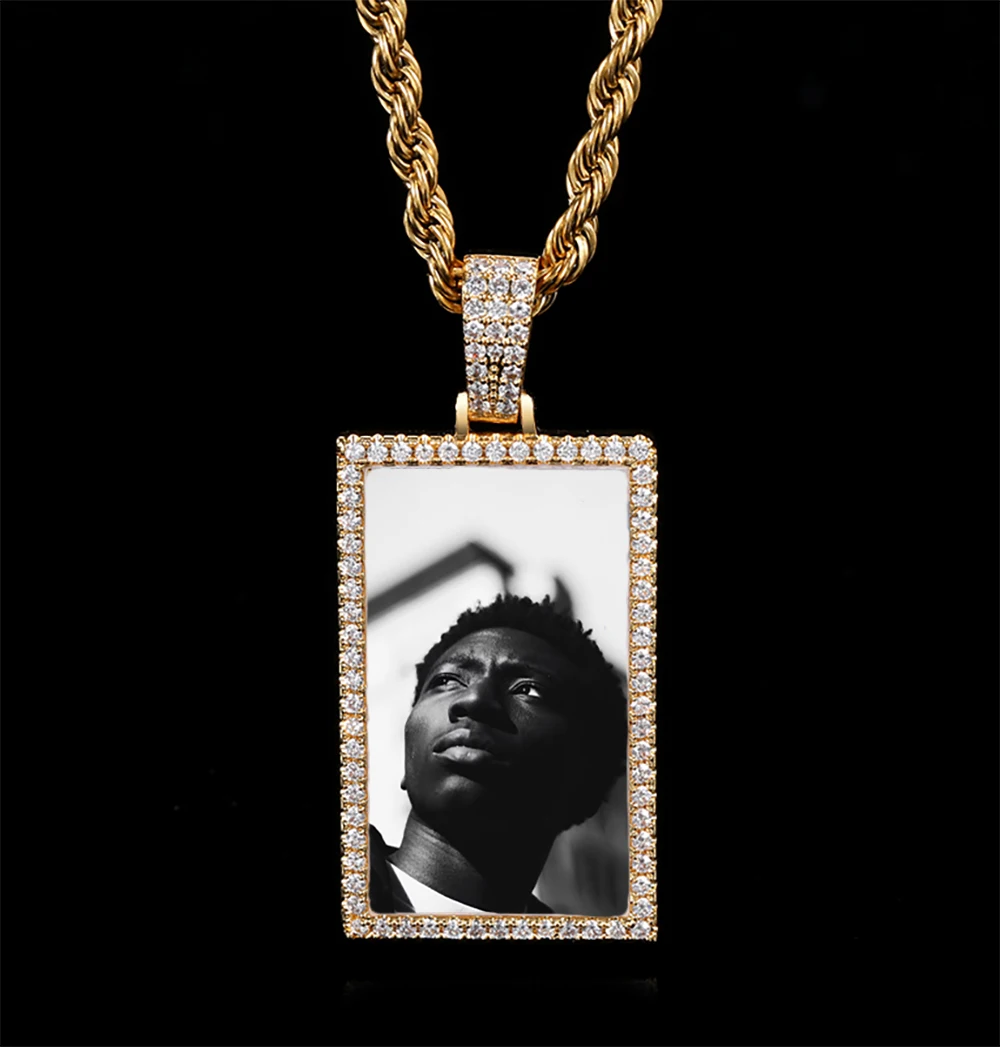 Collier pendentif rectangle photo sur mesure pour hommes, bijoux Hip Hop, image de mémoire, cadeau