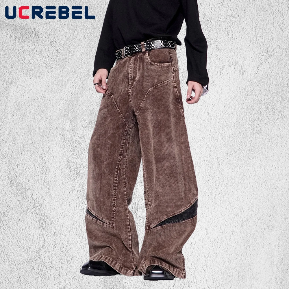 

Retro Spliced Corduroy Pants Mens Autumn Winter Hip Hop Streetwear Washed Distressed Wide Leg Baggy Banana Trousers Man