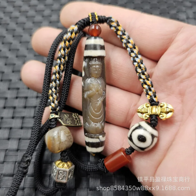 Patina Guanyin Dzi Bead Jade Pendant Black And White Agate Oval Necklace Sweater Chain