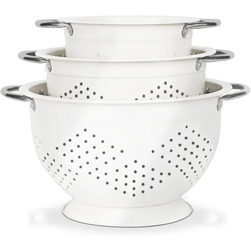 Colander Set of 3, 1.5, 3, 5 QT Powder Coated Metal Strainers with Riveted Stainless Steel Handles and Stable Base