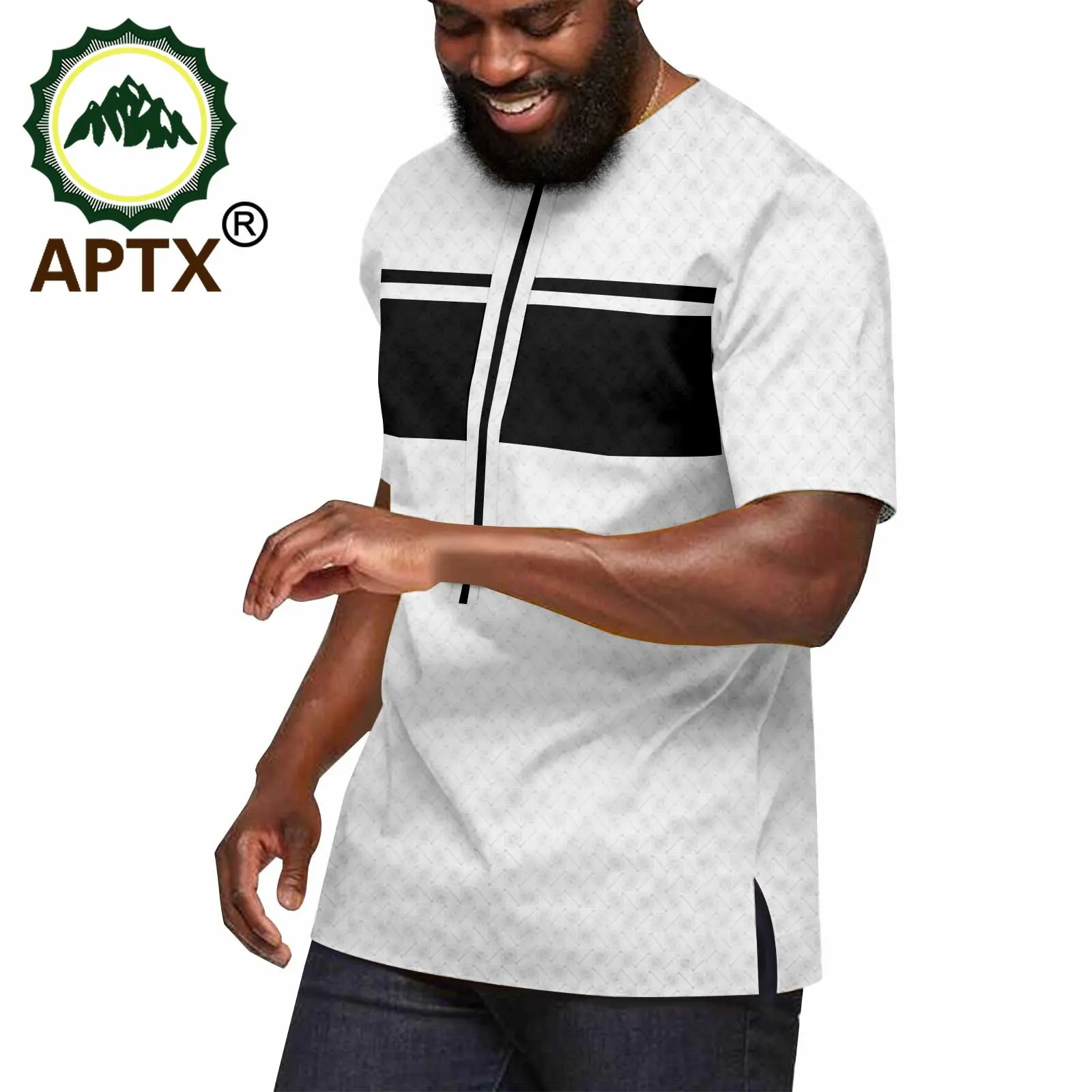 

APTX African Clothing Men's T-Shirt Handmade Short Sleeves Side Slit Casual Summer Polo Polyester Material A2312001