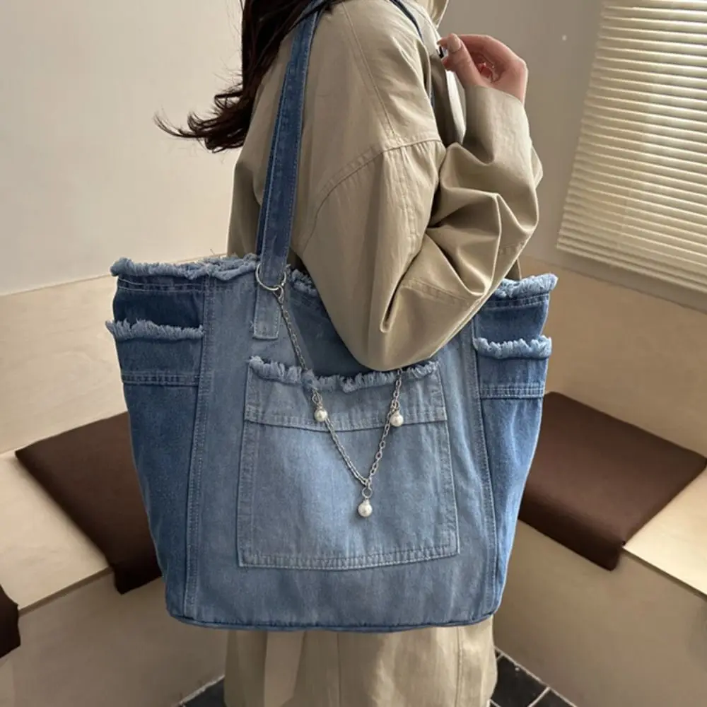 Casual Korean Style Denim Shoulder Bag Retro Solid Color Underarm Packs Simple Large Capacity Canvas Tote Bag Women