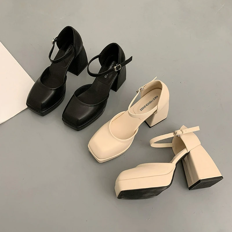 High Heels Women Pumps Spring 2023 New Square Toe Chunky Heel Platform Shoes Woman Dress Wedding Shoes Bride Elegant Pumps