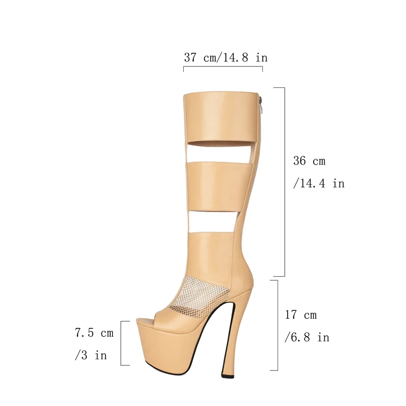 Woman Patent Leather 17CM High Heel Cool Boots Sexy Hollow Out Summer Breathable Mesh Knee-high Boots Peep Toe Women Shoes