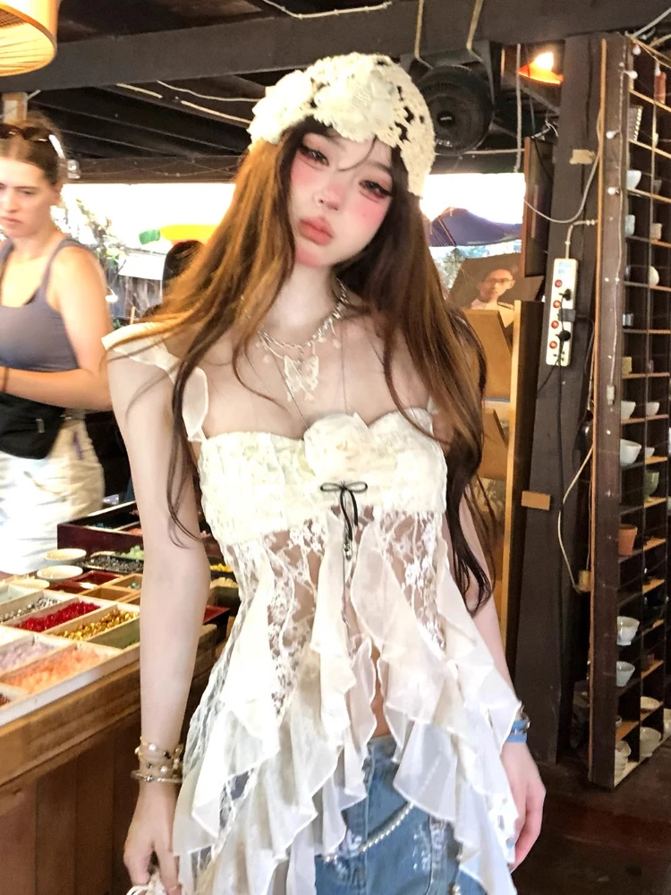 American Vintage Lace Strap Vest Women Summer Sleeveless T-shirts 2000s Retro Clothing Harajuku Korean Tees Design Y2k Crop Top