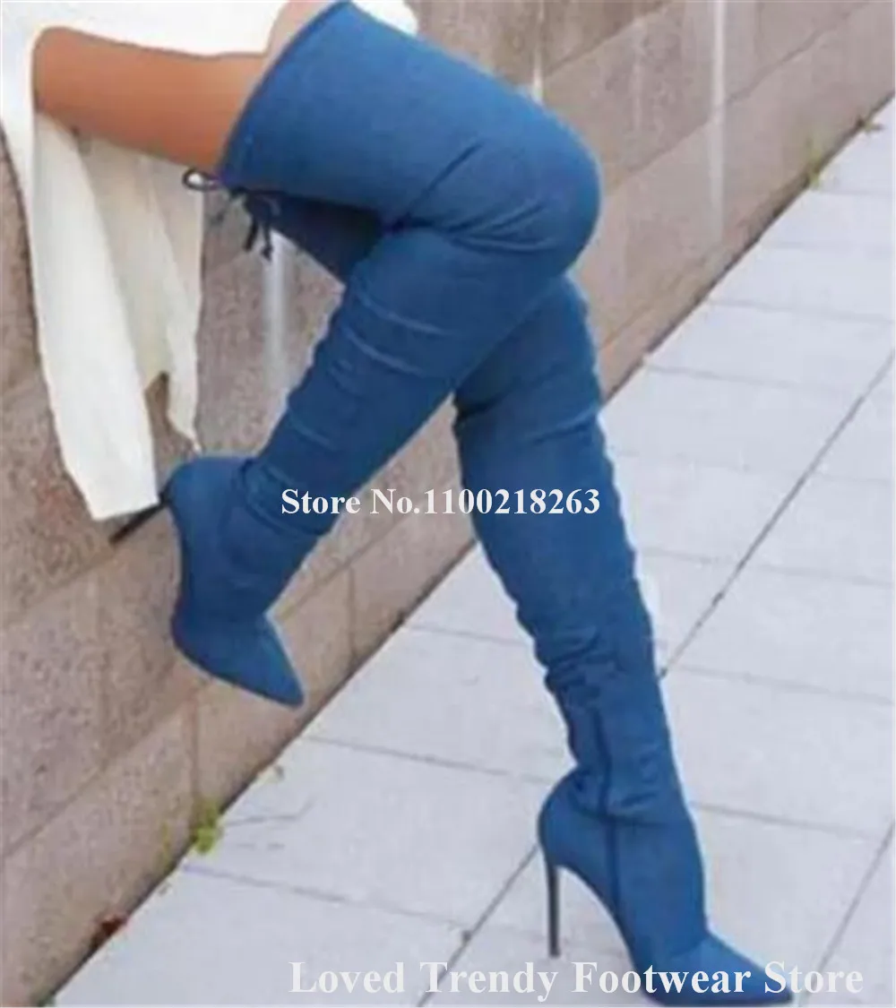 

Western Fashion Blue Denim Thin Heel Over Knee Boots Sexy Pointed Toe Slim Style Stiletto Heel Long Boots Big Szie Boots