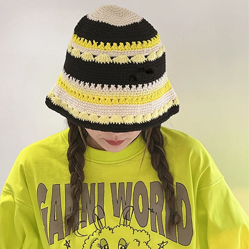 Women Crochet Bucket hat  Handmade  Summer Knit Hat Striped Beanie  Beach hat woman  designer luxury