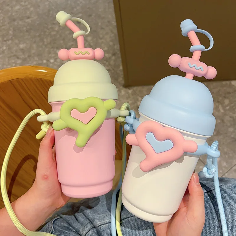

700Ml New Vacuum Flasks Girls Creative Cold Straw Cup Double Layer 316 Stainless Steel Thermos Cup Outdoor Portable Water Cup