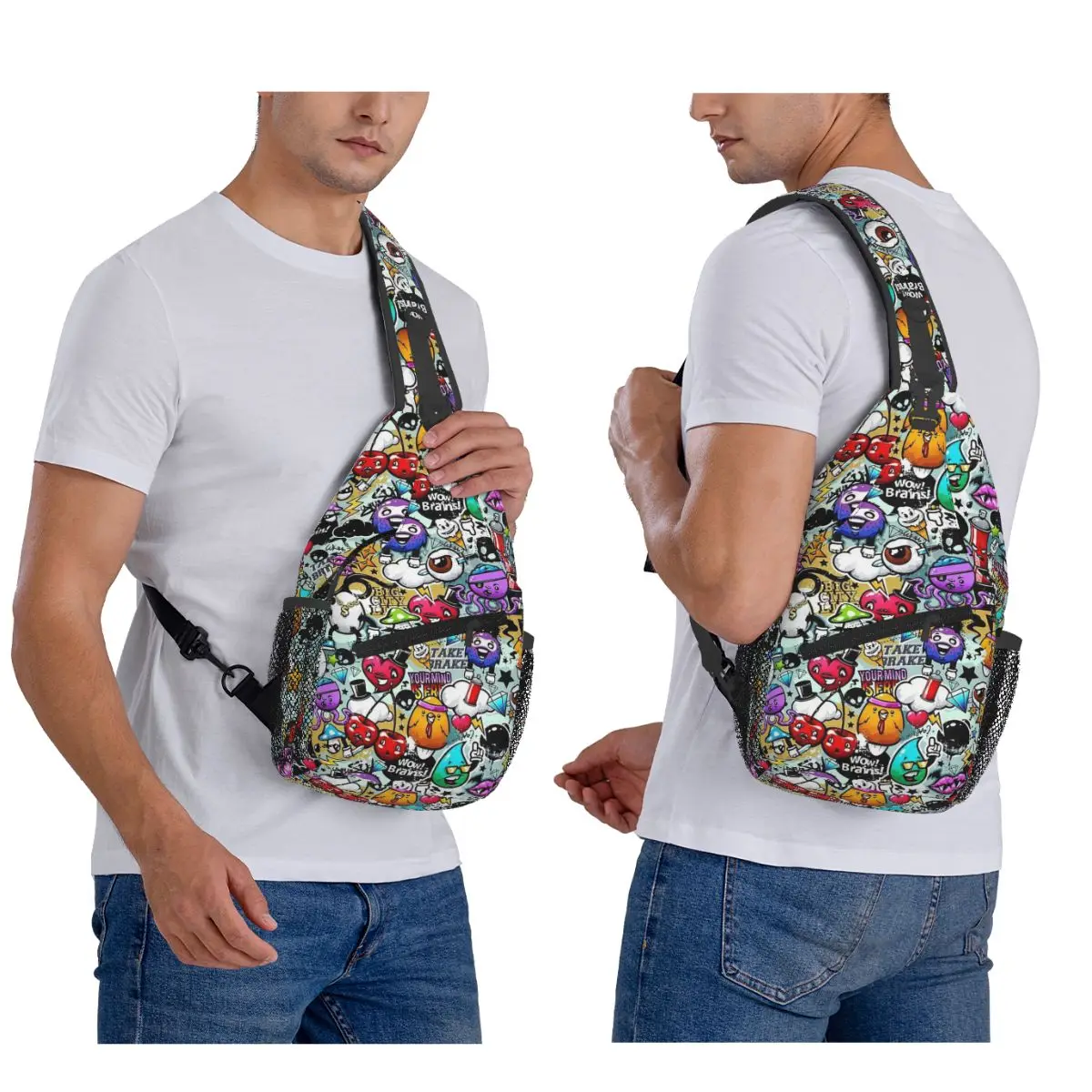 

Comics Pattern With Palm Tree Graffiti Art Chest Bag Men Sling Crossbody Backpack Chest Bag Travel Hiking Daypack Shoulder Bag