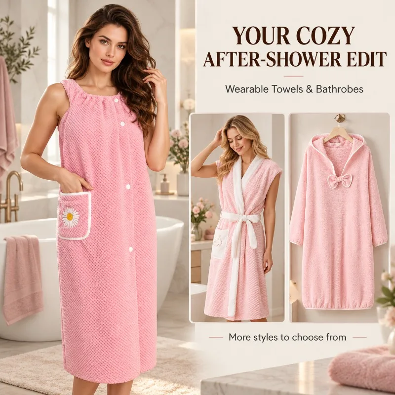 Coral Fleece Wearable Bath Towel Wrap for Women Men Soft Bathrobe Belted Sleeveless Long Sleeve Hooded Robe Homewear