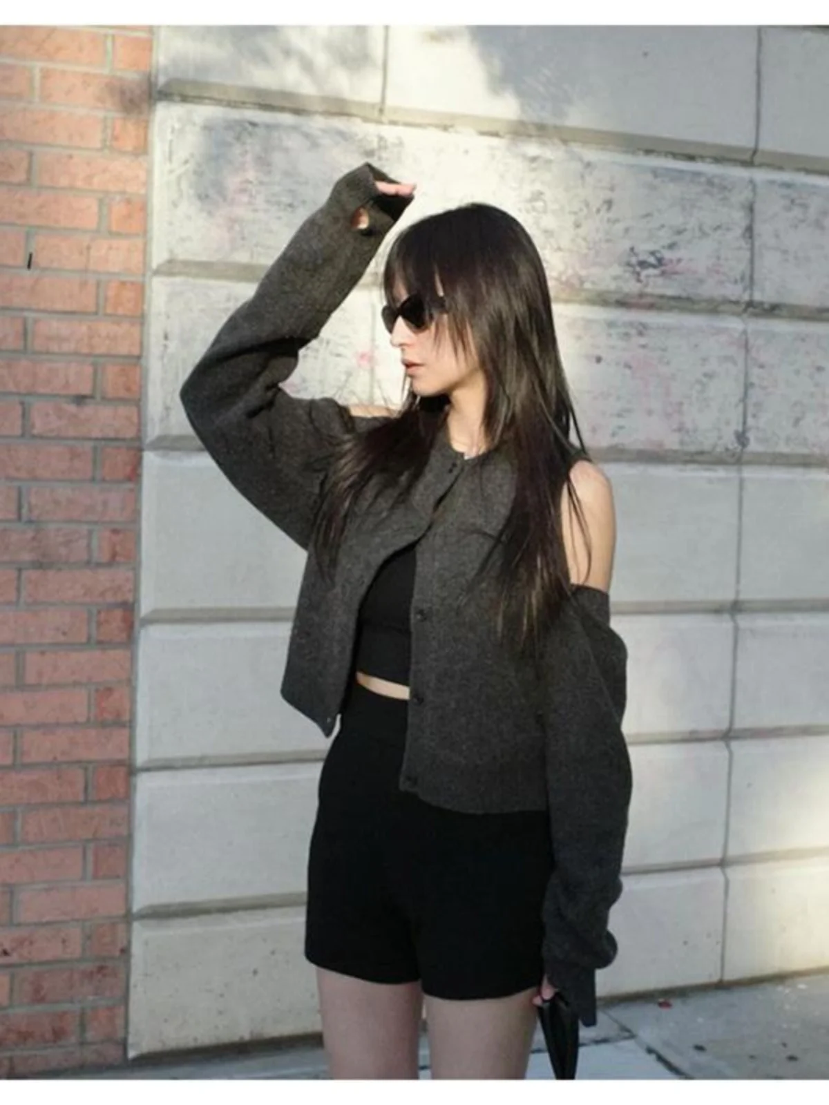 

Gray Knitted Open Cardigan Vest Shoulder Bared Two-Piece Set Women's Commute Style Retro Design by Matsubara Chie Autumn Winter
