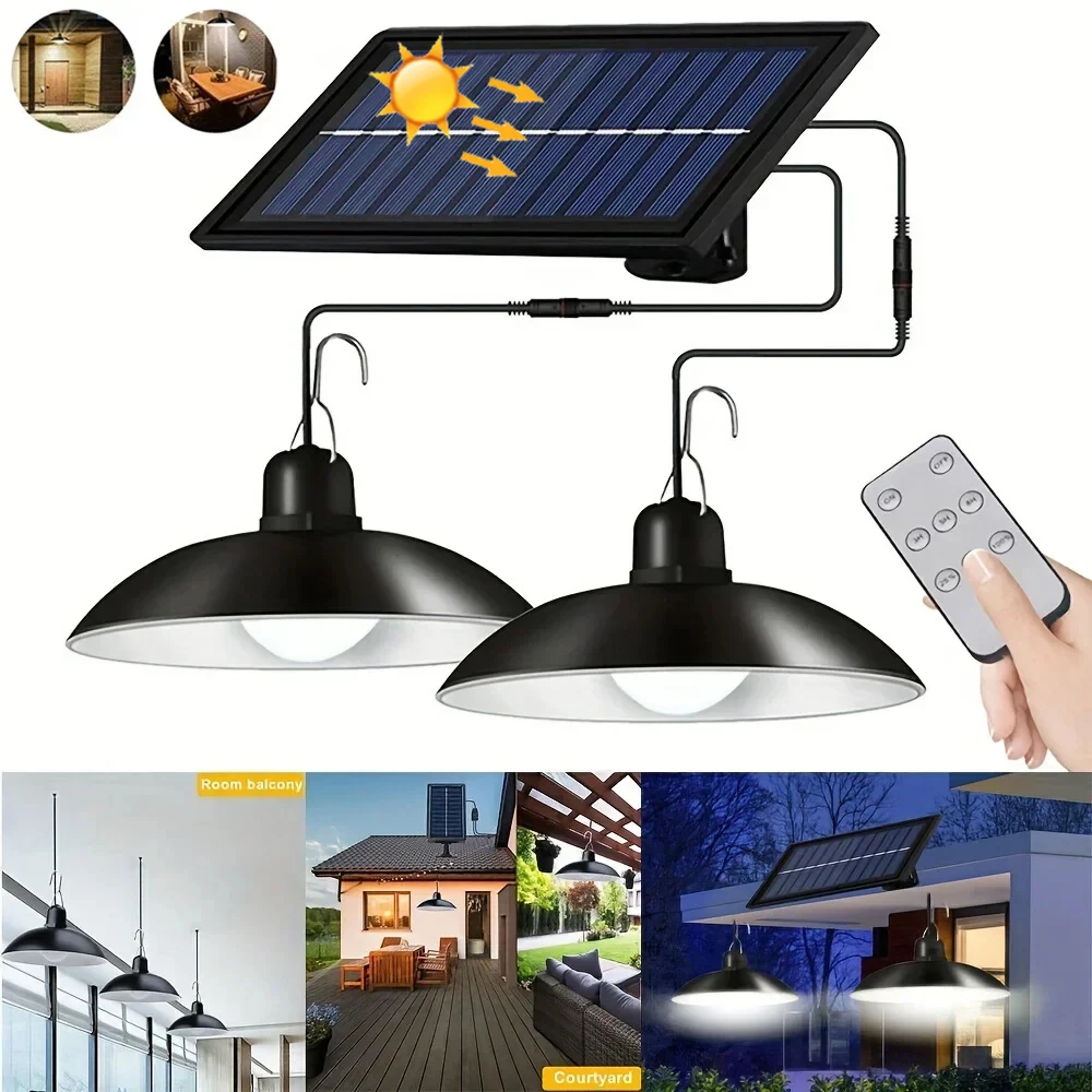 

Powerful Outdoor Solar LED Pendant Light Waterproof Double-head Chandelier with Remote Control For Garden Courtyard Flood Light