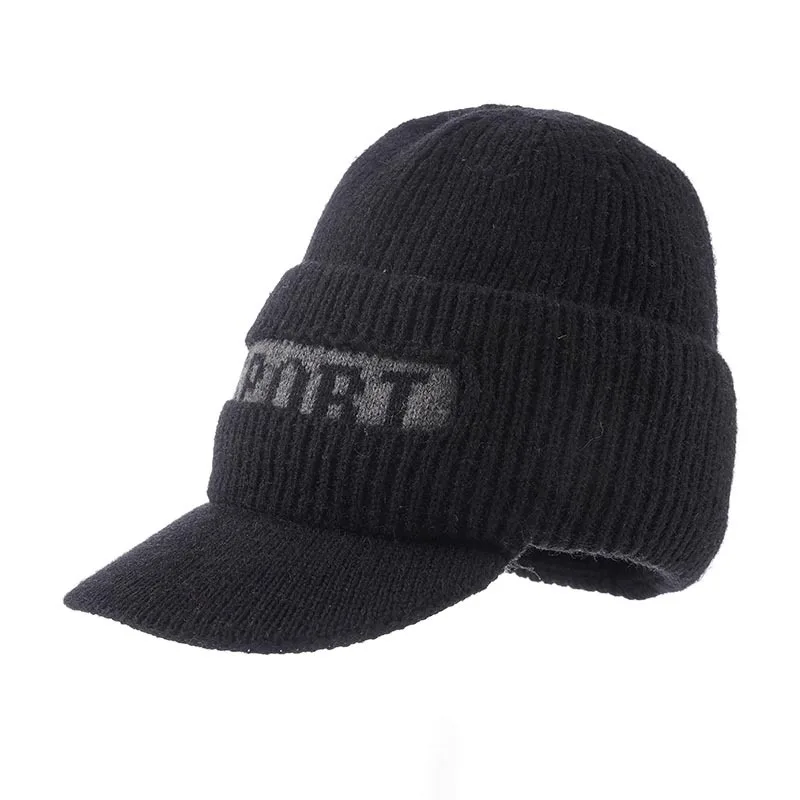 قبعة شتوية محبوكة للرجال مع بطانة مخملية سميكة دافئة ومقاومة للبرد، قبعة صوف مقاومة للرياح مع حماية للأذن ركوب عصري