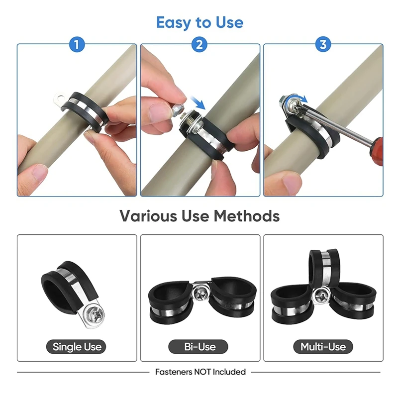 고무 쿠션 304 스테인레스 스틸 호스 루프 파이프 클램프 세트, 케이블 클램프 세트, 6 가지 크기, 42 개