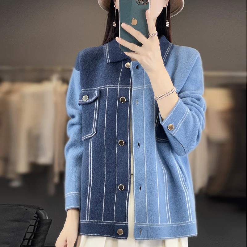 

Women's Cashmere Knit Cardigan 2023 Autumn/Winter New 100%Pure Wool POLO Neck Sweater Cardigan Fashion Luxury Coat Jacket Female