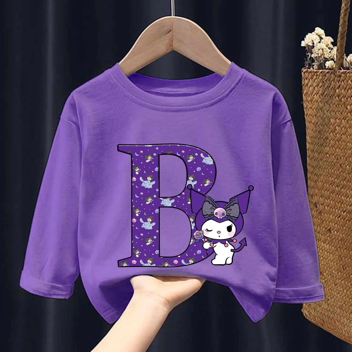 Kuromi Long Sleeve for Children Letter A-Z Cartoon Clothing Cute Purple Casual Caftan Fashion Kid Clothes Round Neck Blouse Gift