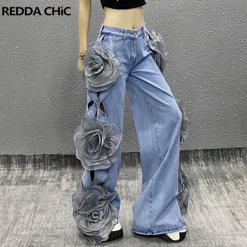 

ReddaChic Women Cut Out Wide Leg Denim Pants 3D Floral Decor High Waist Straight Baggy Jeans Party Concert Summer Streetwear