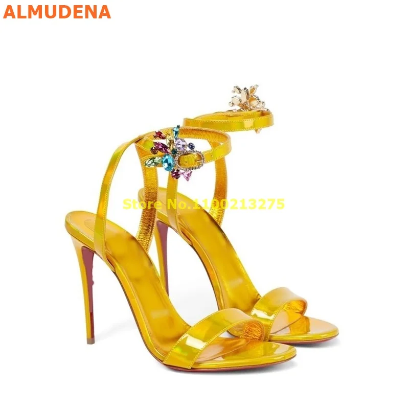 

Yellow Crystal Clear PVC Sandals Thin High Heel Open Toe Rhinestone Luxury Designer Concise 2024 New Arrivals Shoes