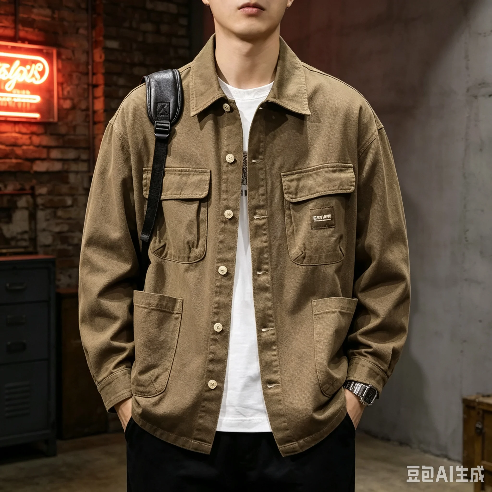 Retro denim jacket men's 2025 new heavy casual lapel workwear jacket hunting casual shirt