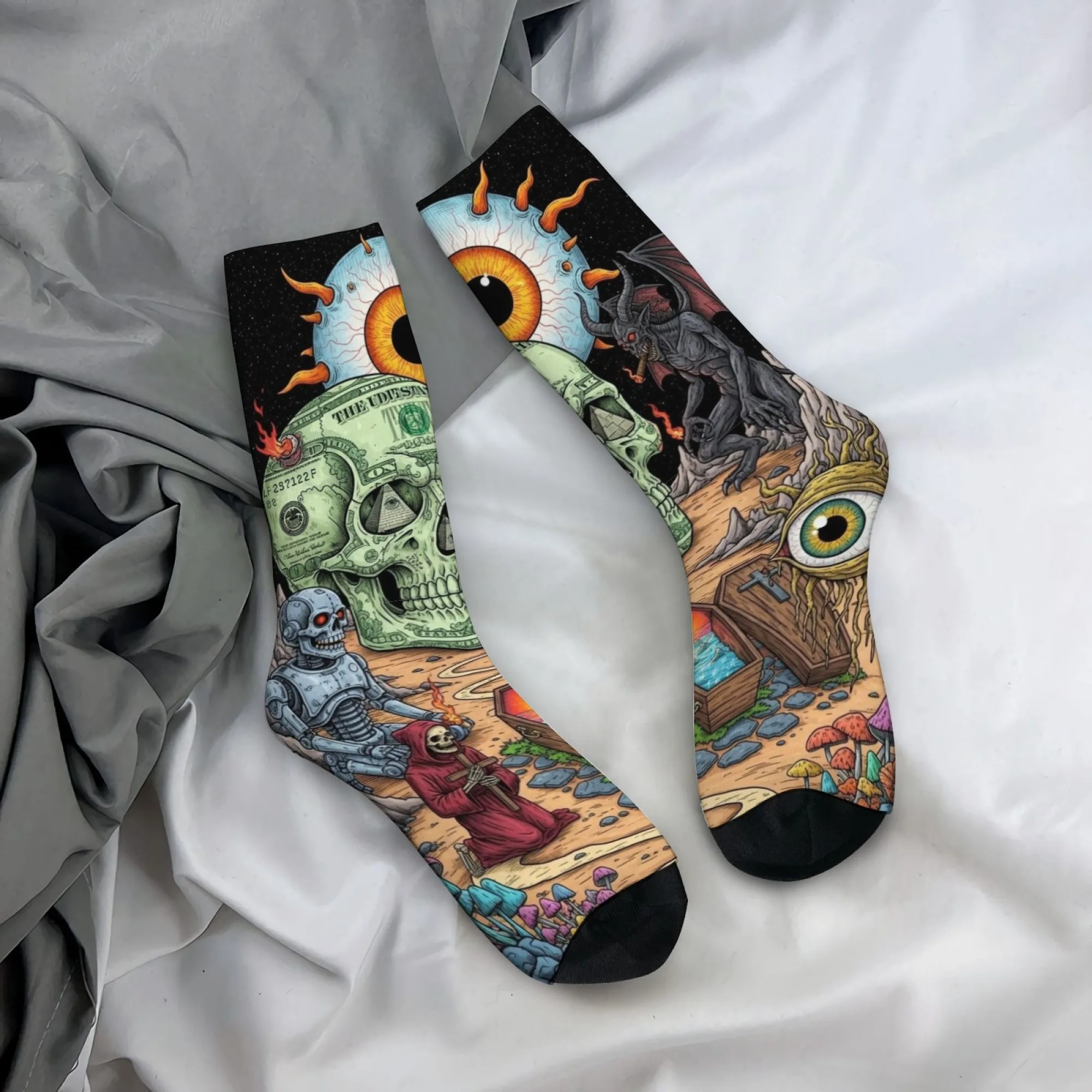 Sci-Fi Skull Comic Socks Harajuku Style Casual Fashion Men's Socks Novelty Funny Happy Crew Socks Crazy Street Hip-Hop Socks