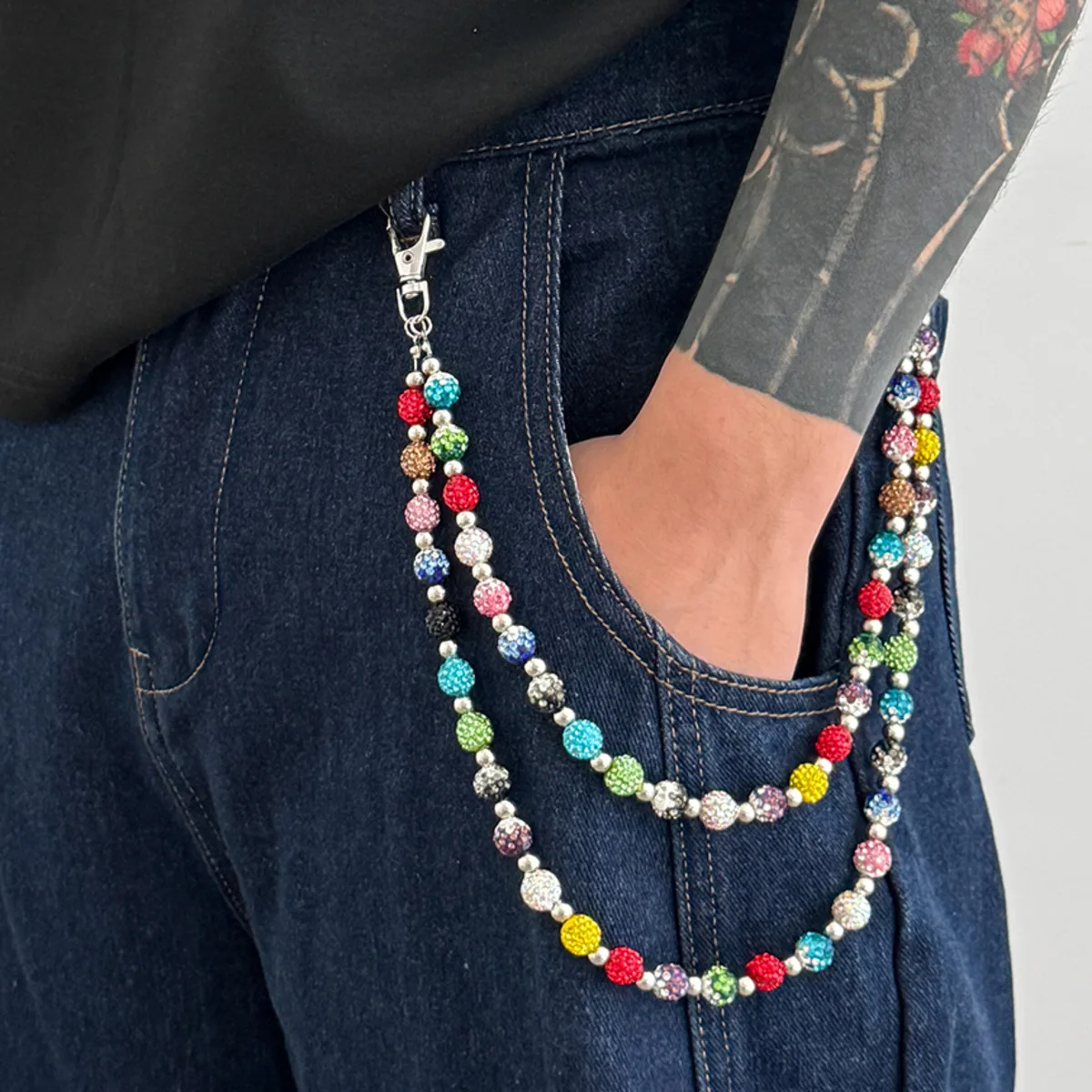 Salircon Trendy Bunte Strass Perlen Taille Kette Gürtel Schlüsselbund Männer Punk Harajuku Tasche Hosen Kette Straße Schmuck Männliche Geschenk
