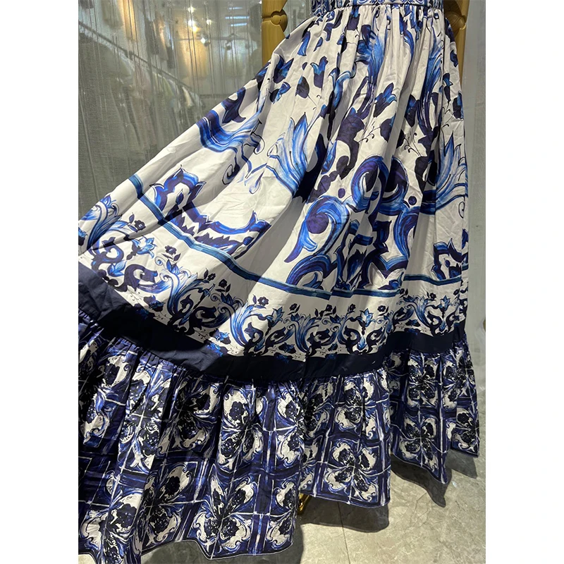 1:1D0cle 24 Early Autumn Light Luxury Brand Women\'s Long Blue Printed Skirt Princess Hem Ladies Temperament Halter Dresses