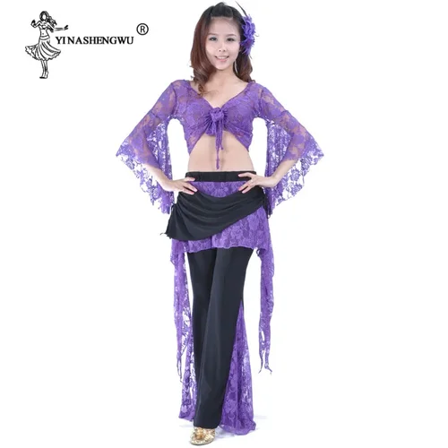 Imagen 2 del producto Conjunto de traje de danza del vientre para mujer, ropa de práctica, traje de baile con manga de mariposa de encaje para adultos, pantalones superiores, Ropa de baile