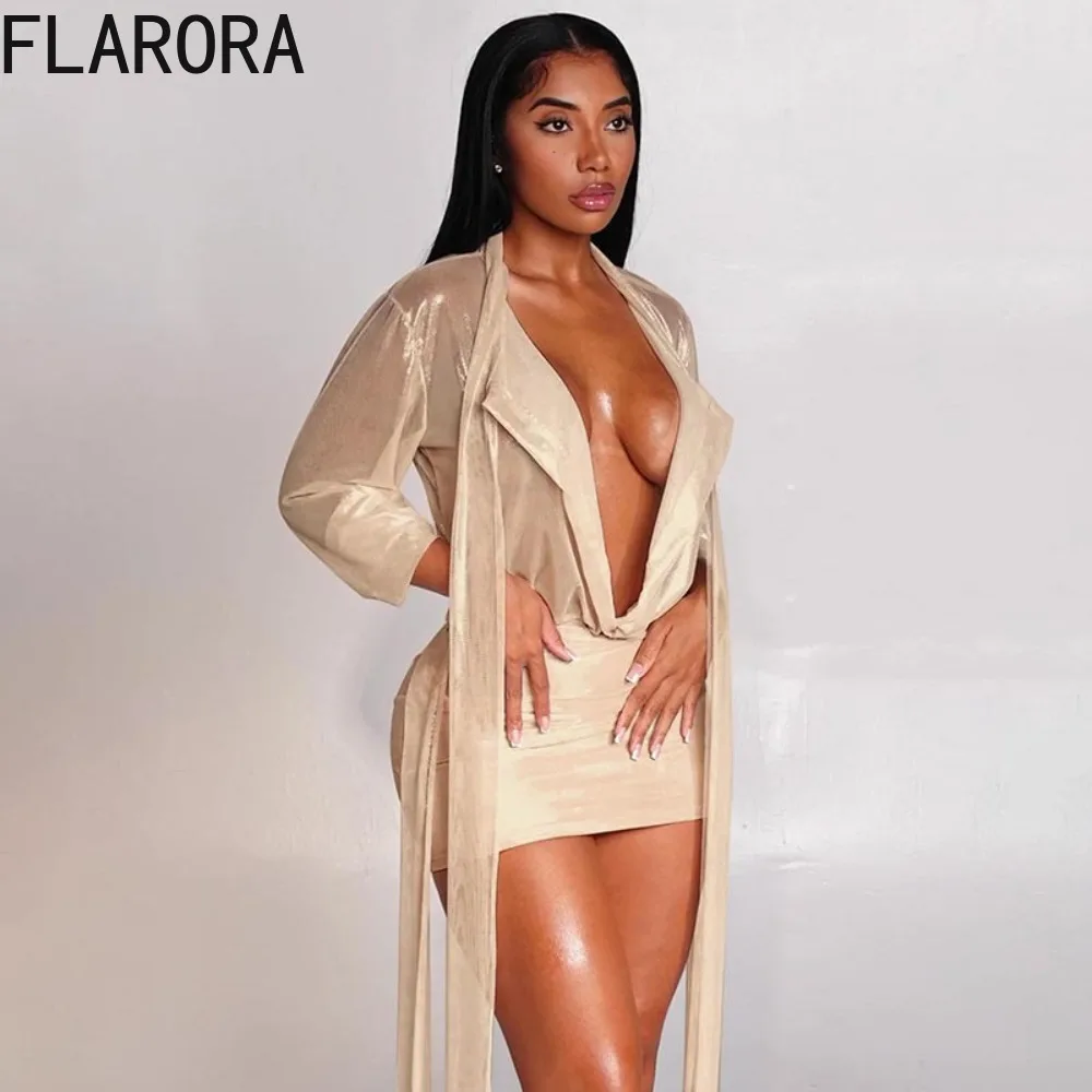

FLARORA Sexy Satin 2 Piece Sets Woman V Neck Long Sleeve Bandage Crop Tops And Peach Hip Skirts Outfits Female Party Clubwear