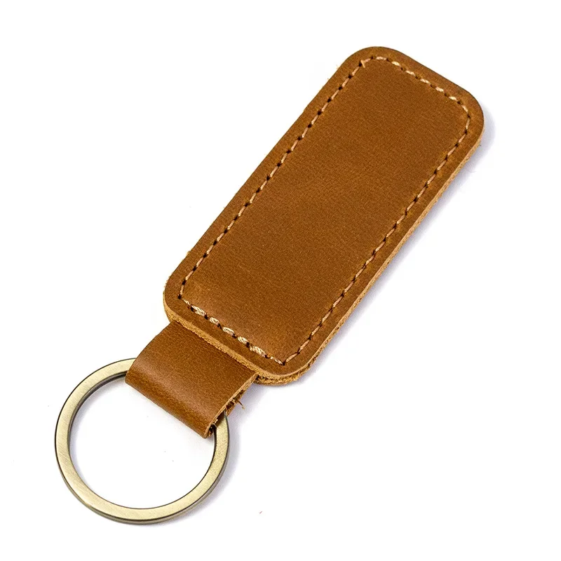 Top Layer Cowhide Keychain for Men and Women Retro Vintage Leather Car Logo Key Chains Accessory Laser Engrave Keyring Gift