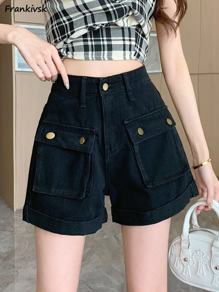 

Cuffs Denim Shorts Women Summer Japanese Style Loose Pocket Solid High Waist Trendy Retro Streetwear Elegant A-line Harajuku