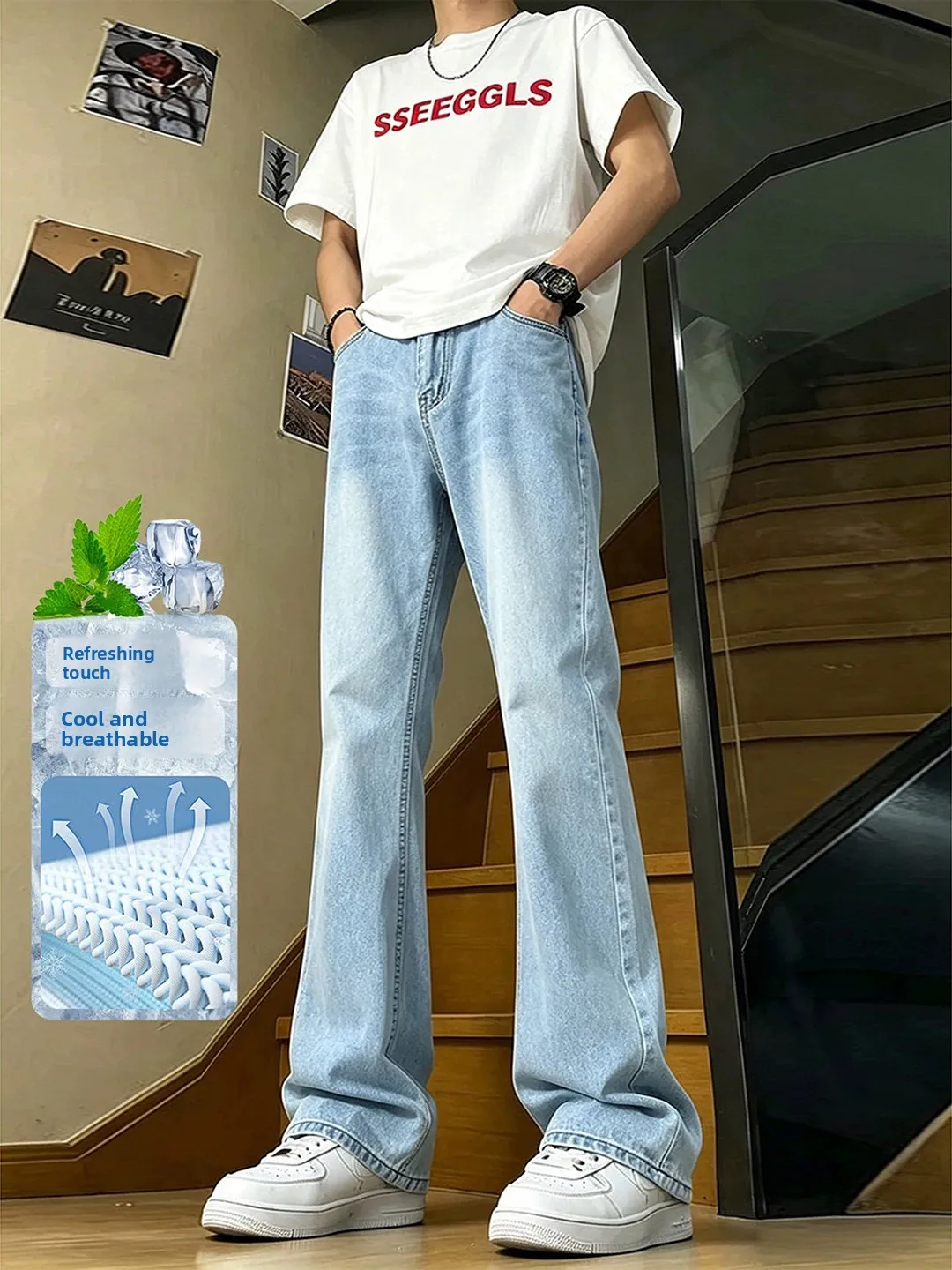 

Slim Fit Light Blue Bell Bottom Jeans Men Summer Thin CleanFit Straight Narrow Version Tailored Knife Jeans American Hig...