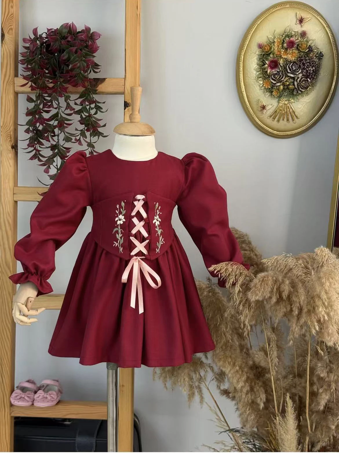 Autumn Baby Girl Long Sleeved Handmade Embroidered Flower Ribbon Red Puffy Dress For Casual Party Birthday Wedding Photography