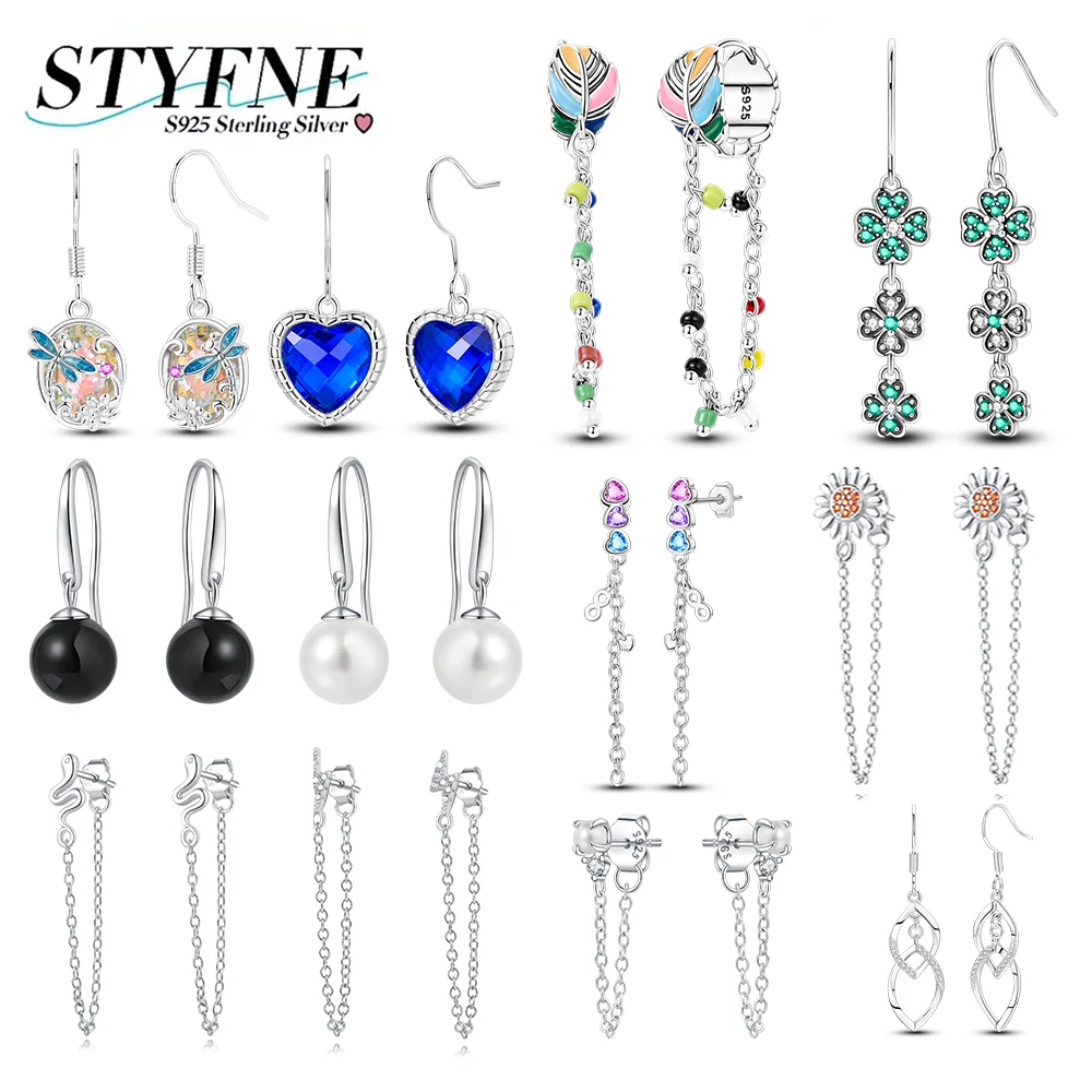 

Earring Woman 925 Silver Dragonfly Four Leaf Clover Feather Bead Chain Earrings For Women Engagement Birthday Fine Jewelry Gift