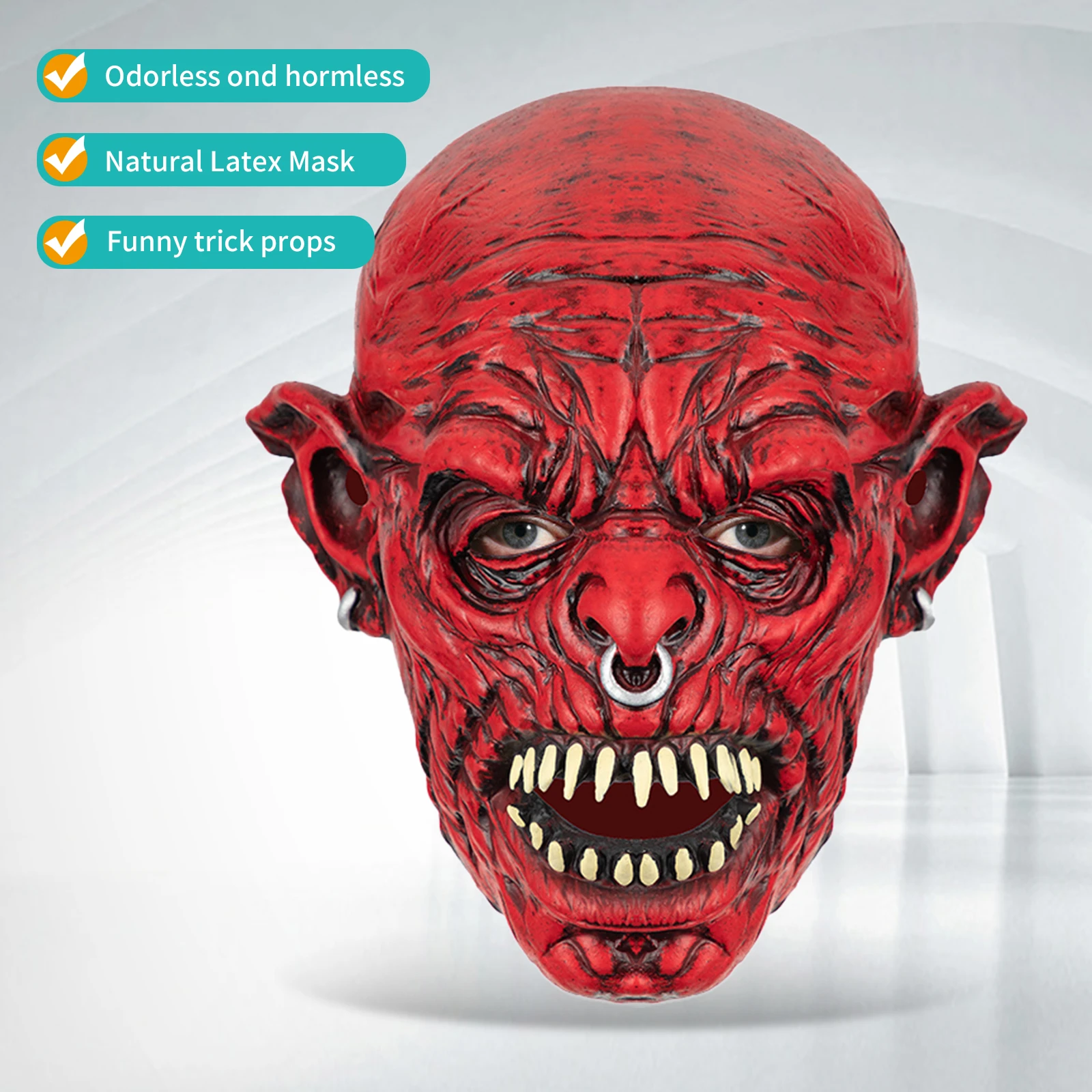 Scary Red Devil Latex Mask, Realistic Demon Monster Mask with Fangs & Nose Ring, Horror Cosplay