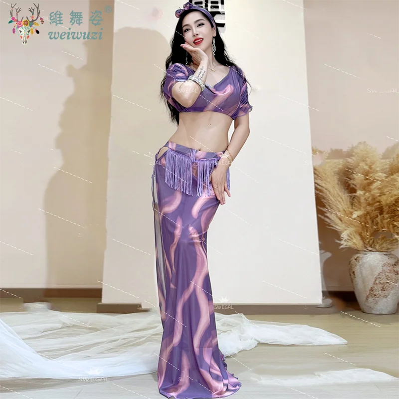 여성용 벨리 댄스 의상 세트 메쉬 슬리브 탑+프린팅 롱 스커트 2피스 오리엔탈 댄스 의상 댄서 연습복