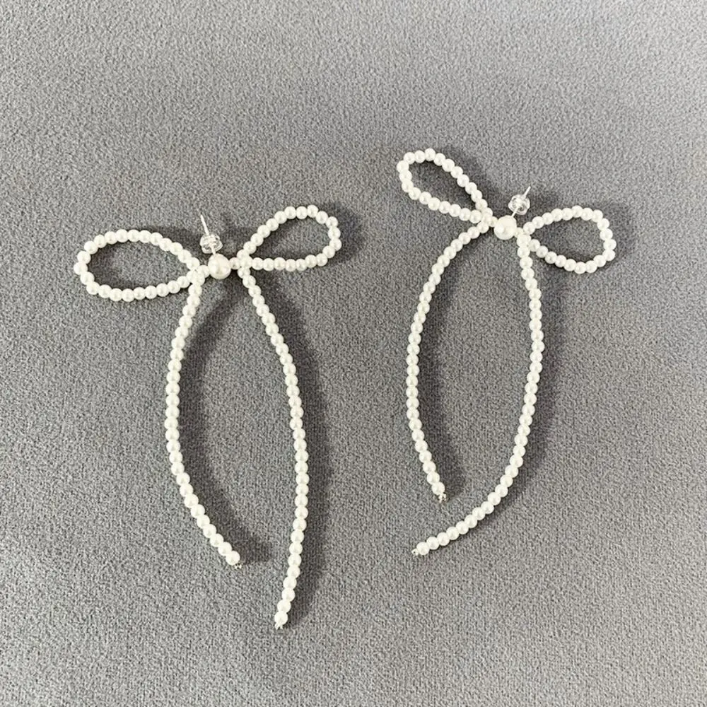 

Long Tassel Pearl Bow Stud Earrings White Fashion Bowknot Pearl Earrings Imitation Pearl INS Style Pearl Bead Drop Earrings